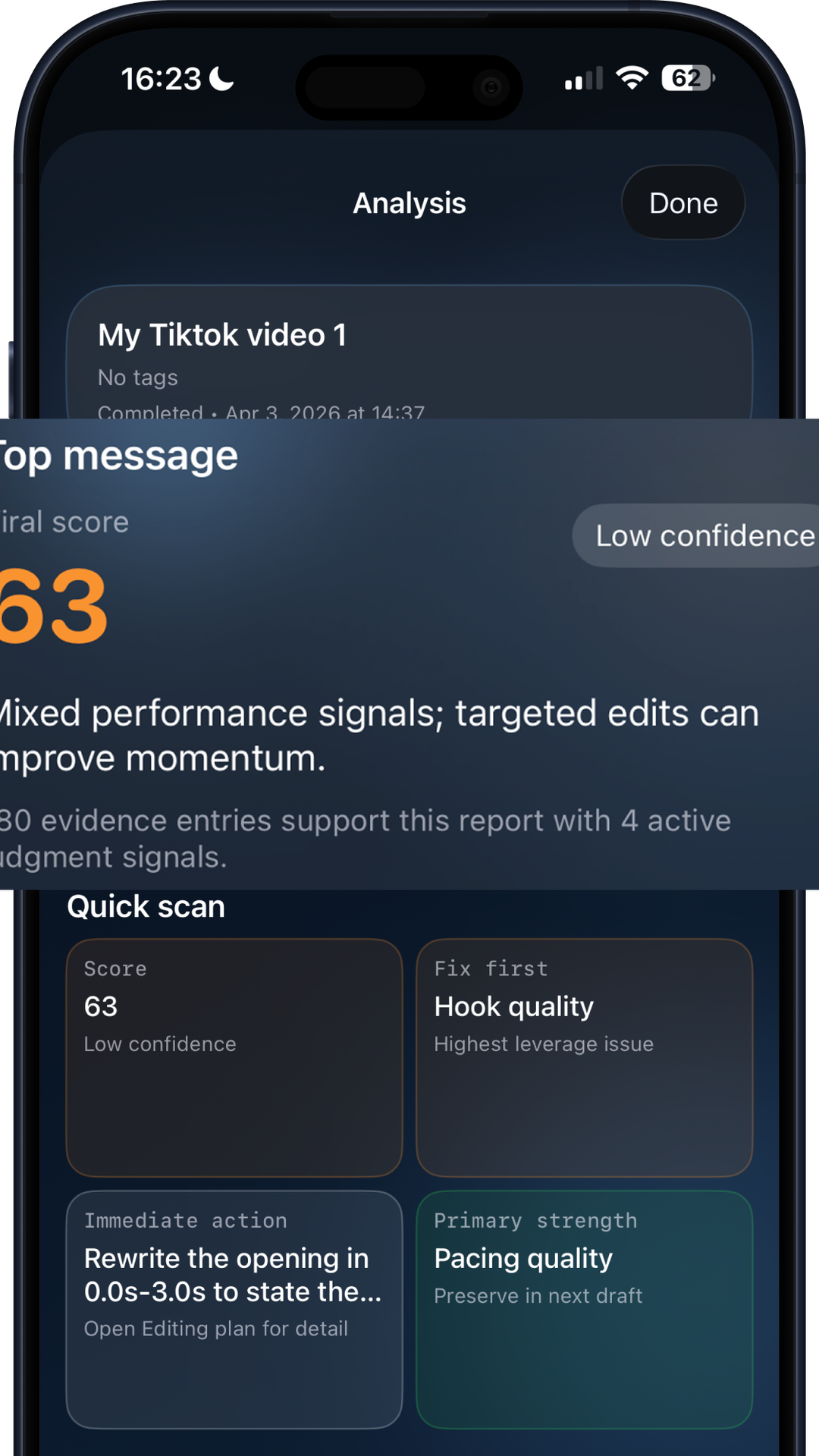 ViralWatch app screenshot showing hook diagnostics, replay signals, and creator guidance cards.